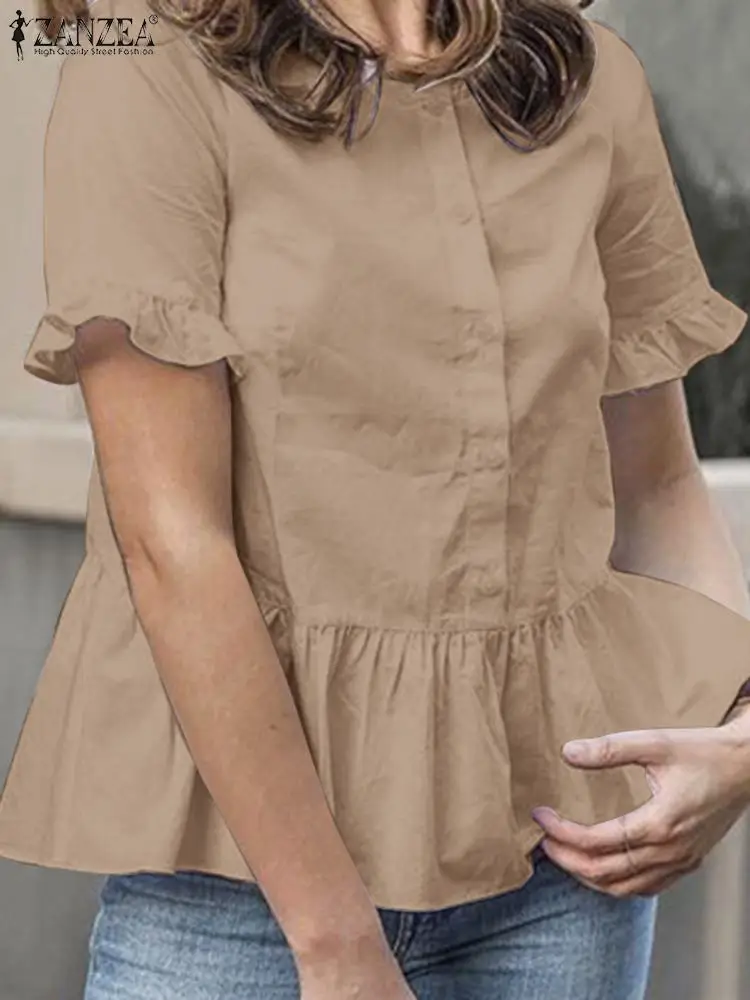 

Женская летняя рубашка ZANZEA 2023, Элегантные повседневные топы с оборками, Женская рабочая блузка, стильная блузка с коротким рукавом и оборками