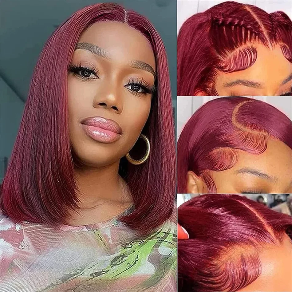 250% 13x6 Burgundy HD Transparent Short Bob Human Hair Wigs Color 99J Red Bone Straight Lace Front Wig For Women Pre Plucked 5