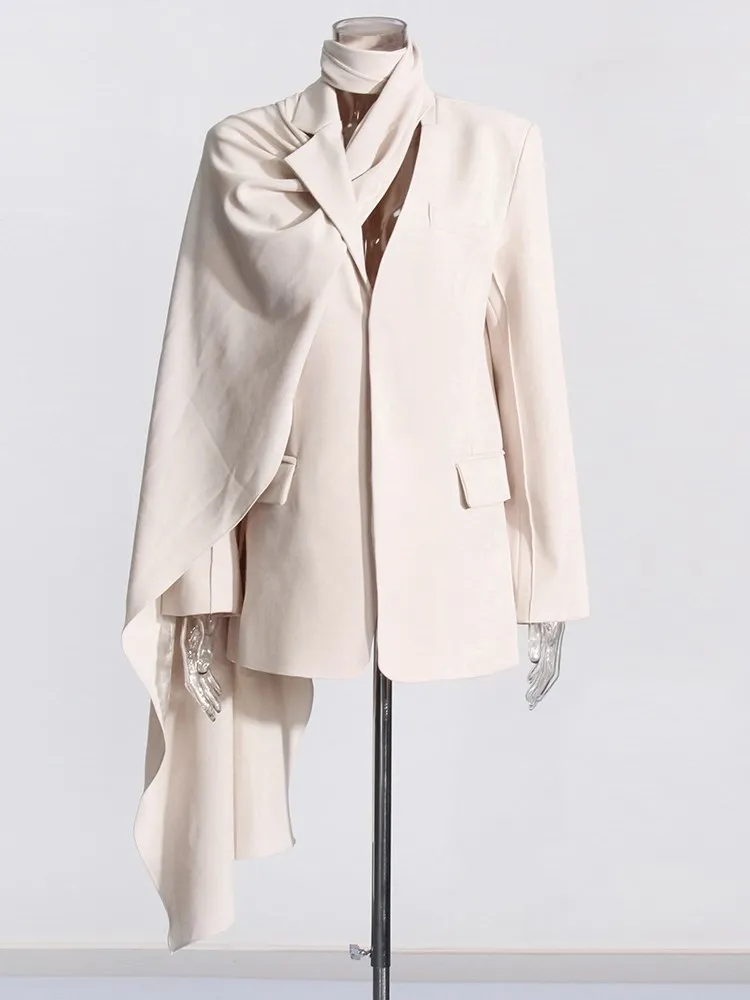 KBQ Irregular Spliced Buttons Solid Blazers For Women Notched Collar Long Sleeve Patchwork Lace Up Blazer Female Fashion Clothes