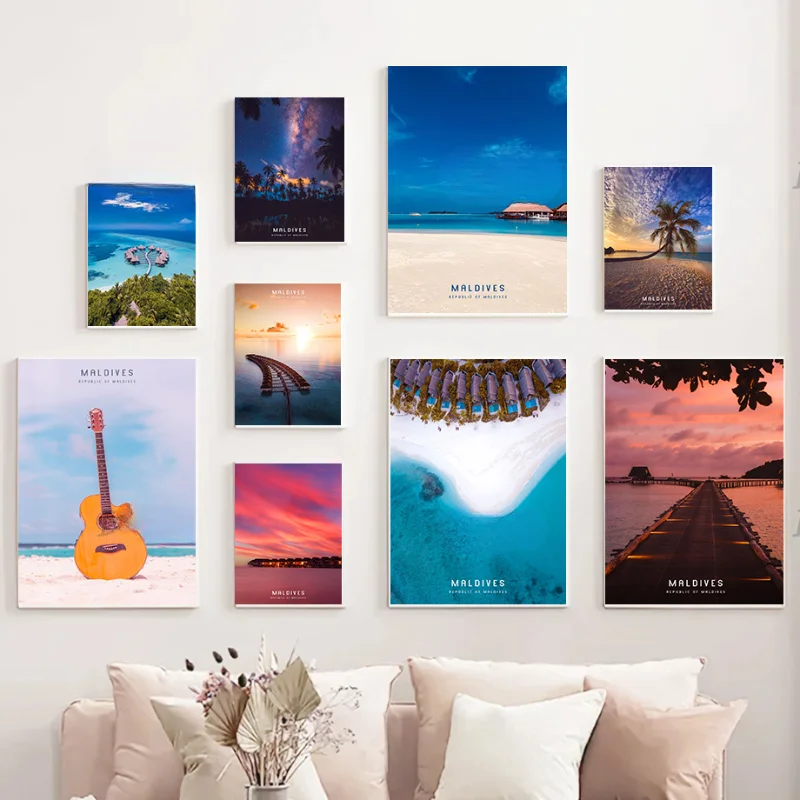 

Famous Tourist City Maldives Sea Beach Sunset Landscape Posters Canvas Painting and Prints Wall Art Picture for Room Home Decor