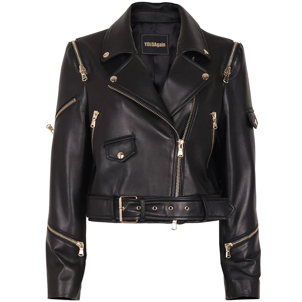 ジャケット GOLDEN  Woman Jacket Black GWP00848P00064790100 Women's black leather biker jacket | Golden Goose