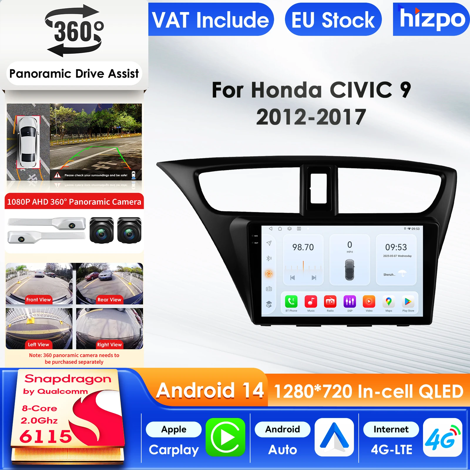 Hizpo Carplay 4G AI Systeme Android 14 Autoradio für Honda Civic 9 FK FB 2012-2017 Multimedia Video Player GPS 2 Din Autoradio