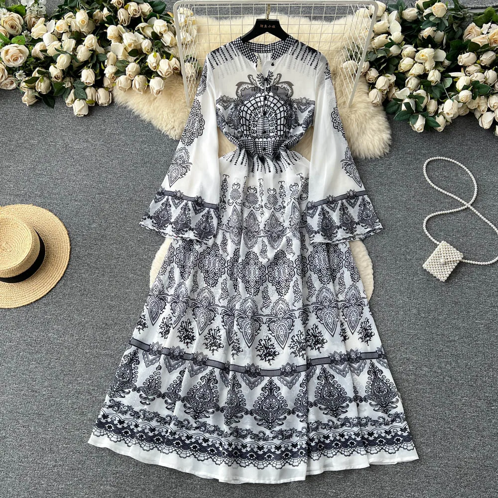 

Women's New French Vintage Long Flare Sleeve High Waist Slim Chiffon Dress Holiday Printed Party Clothes Vestidos De Fiesta L123