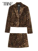 TRAF Fashion Long Sleeve Blazers Top Women 2 Pieces Leopard Printed Mini Skirt Sets Women's Suit Two Piece Set Women Outfit 1