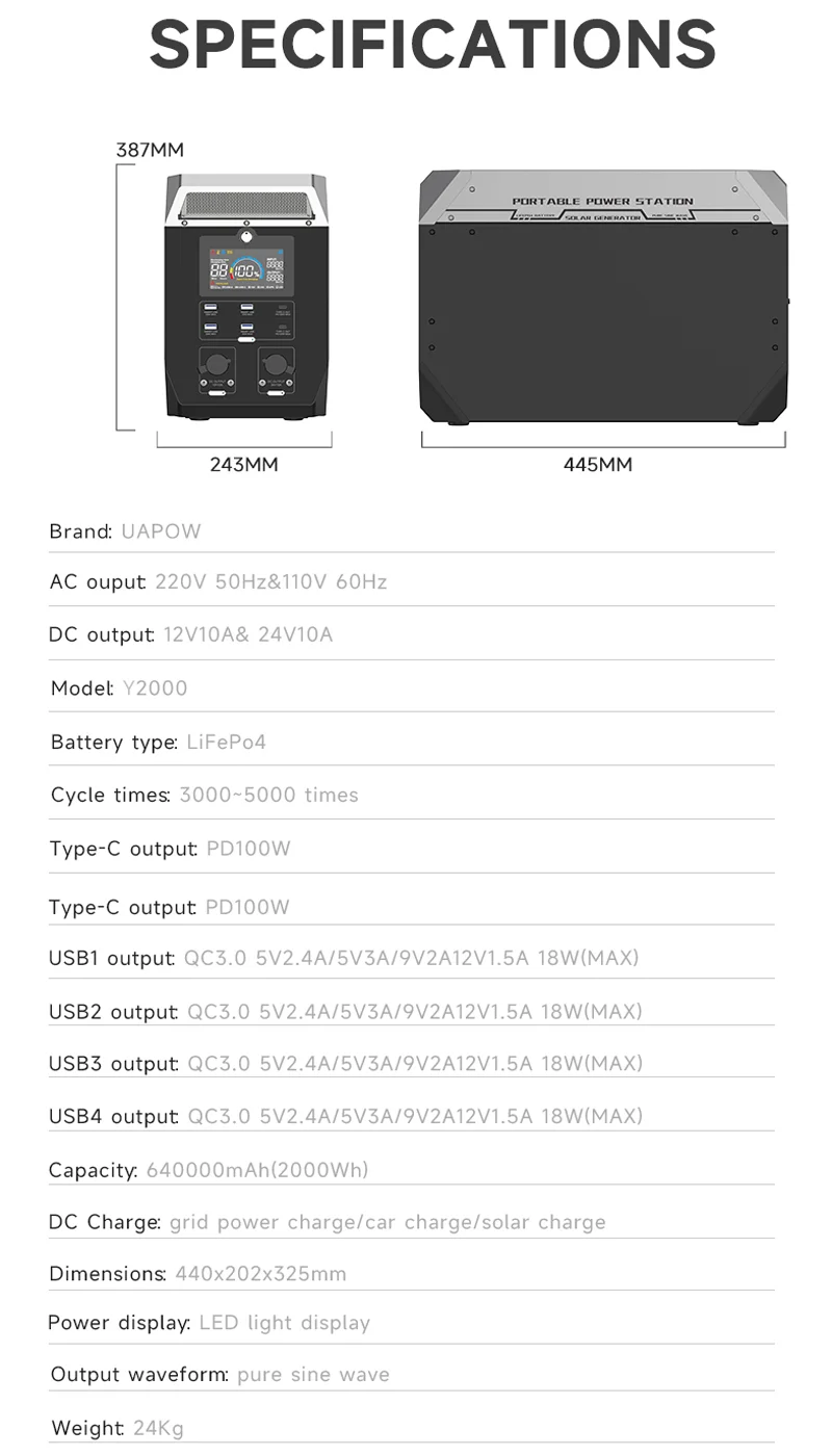 640000mAh 2000Wh 2000W LiFePO4 Battery 1200W/1000W Portable Power Station Genera