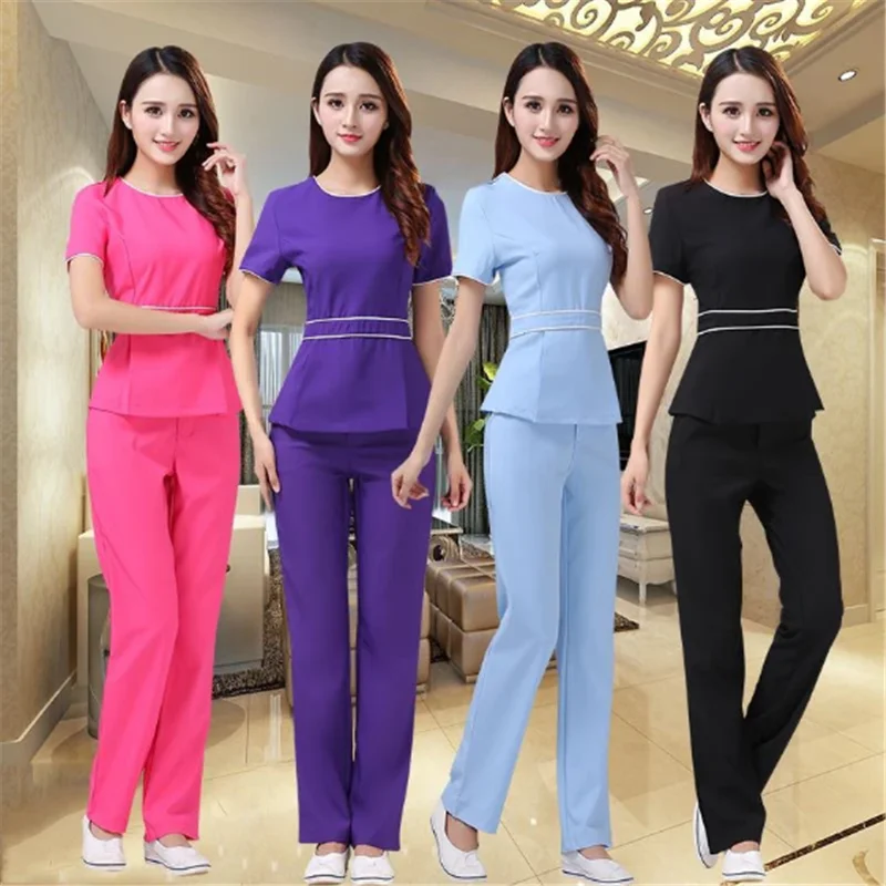 

Women's Fashion Uniforms SPA Beautician Nurse Workwear Chiffon Spa Tunic Set High-quality Round Collar Top + Pants