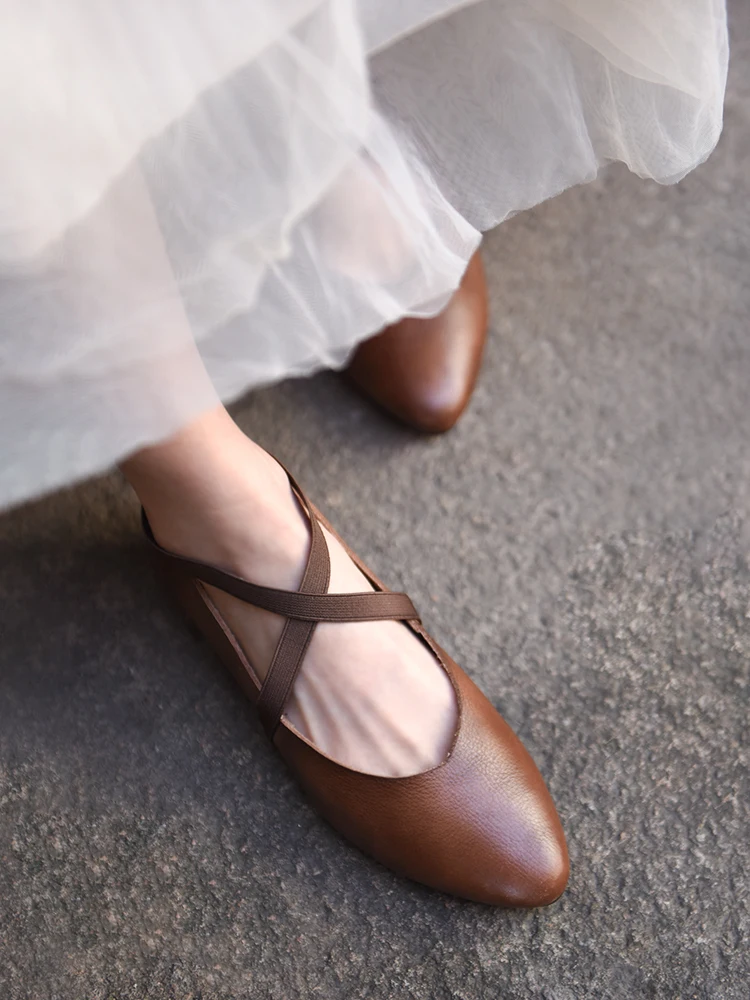 

Artmu Retro Cross Belt Shoes For Women Pointed Toe Genuine Leather Mary Jane Thick Heel Luxury Elegant Casual Shoes For Ladies