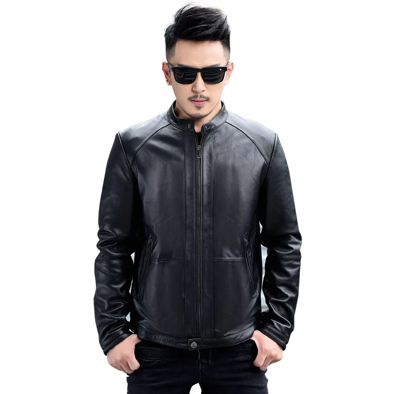 Spring Mens New Genuine Leather Jackets Short Slim Sheepskin O-Neck Zippers Biker Punk Style Outerwear Casual Concise Coat genuine leather coats & jackets