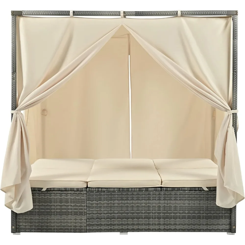 Outdoor Patio Wicker Sunbed Daybed with Canopy, Overhead Curtains, Cushions, Lounge Chairs with Adjustable Seats for Backyard 3
