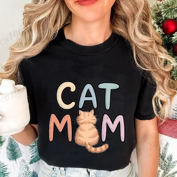 Summer New Fashion T-Shirts Cute Cat Mom Graphic Print Clothing Women's T-Shirt Harajuku Graphic Clothing Women Top Short Sleeve 1
