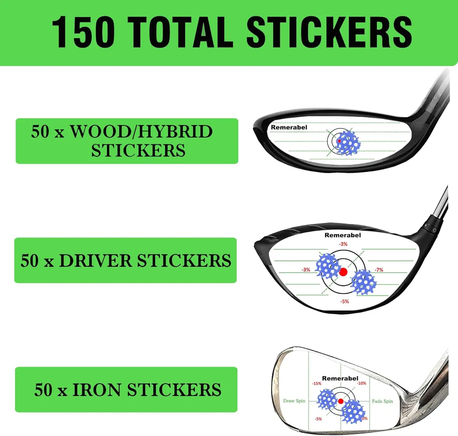 Golf Driver Impact Tape Set Labels 150Pcs Self Teaching and Consistency Analysis Training Aids Target Stickers