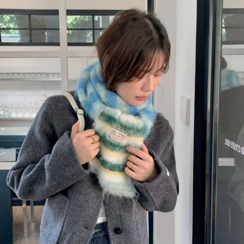 New Korean Stylish Graduated Color Striped Women Men Scarf Thick Thermal Knitted Female Scarves Fashion Design Decorate Muffler - Image 3