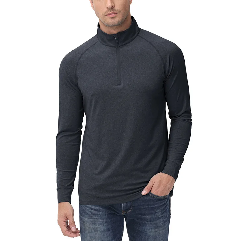 Men UPF 50+ Sun Protection Long Sleeve Zipper Stand Collar Pullover Lightweight Outdoor Climbing Hiking T Shirts