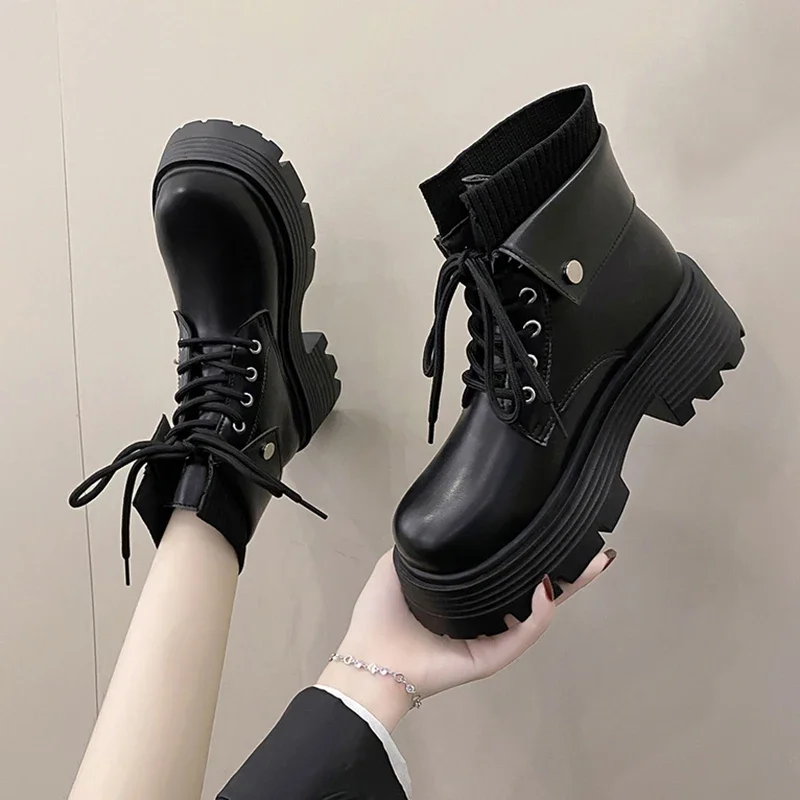 Chunky Platform Women's Motorcycle Boots Autumn Winter Short Plush Warm Ankle Boots Women Waterproof Pu Learher Botas Mujer