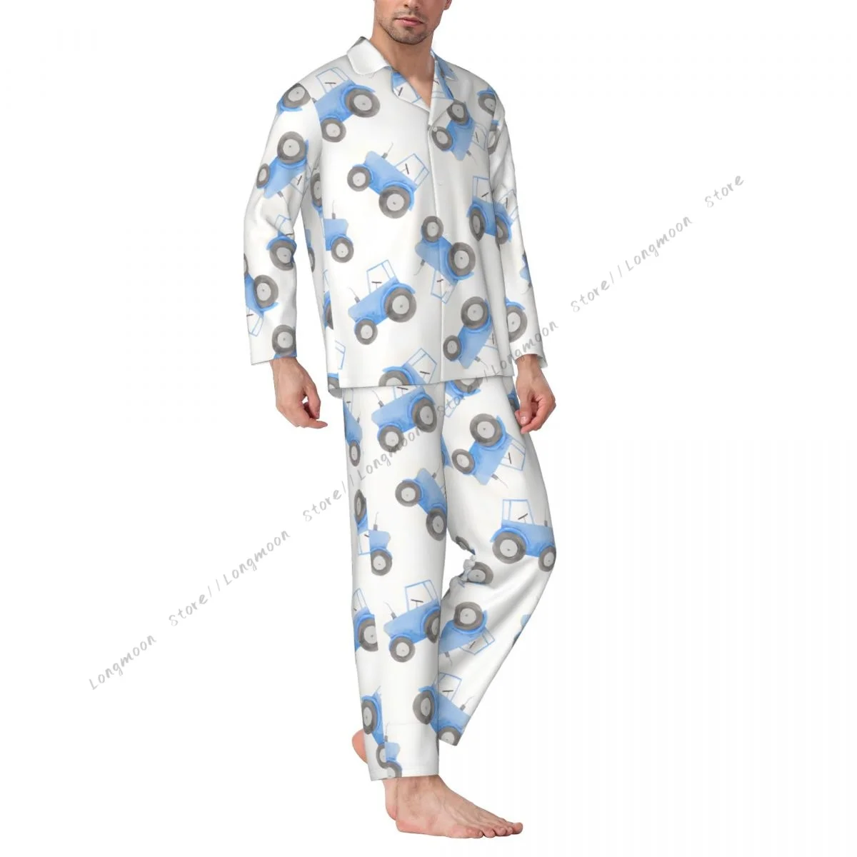 Blue Tractor Illustration Men Pajamas Long Sleeve Male Sleepwear Suit Set Homewear