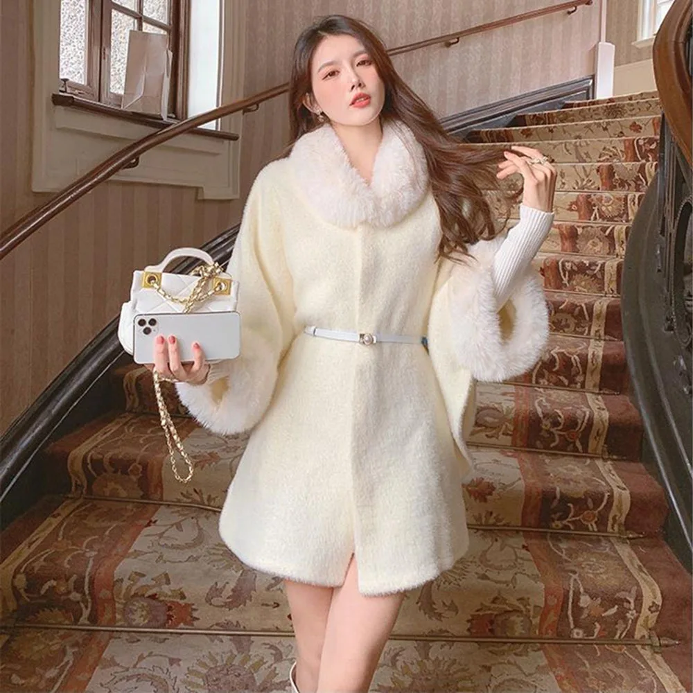 CH 623 - Women’s Elegant Fur Cuff Belted Cape Coat – Winter Fleece | Saimwear