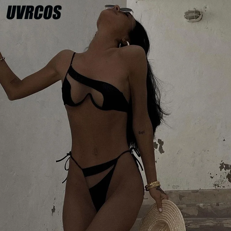 UVRCOS String Femme Sexy Patchwork 2 Piece Set Outfits Summer Beach One Shoulder Bandage Bra Tops+Sexy Panties Matching Swimsuit brown bikini set