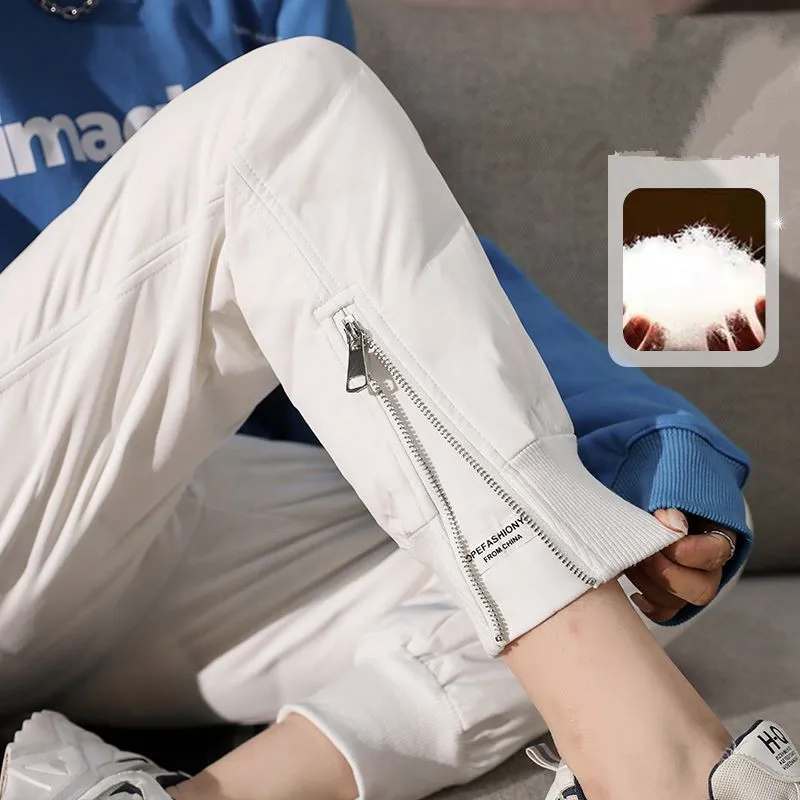

2022 Winter Down Pants For Women Thicken Fur Inside High Drawstring Wais Harem Pants Warm White Pant Zipper Female 6808