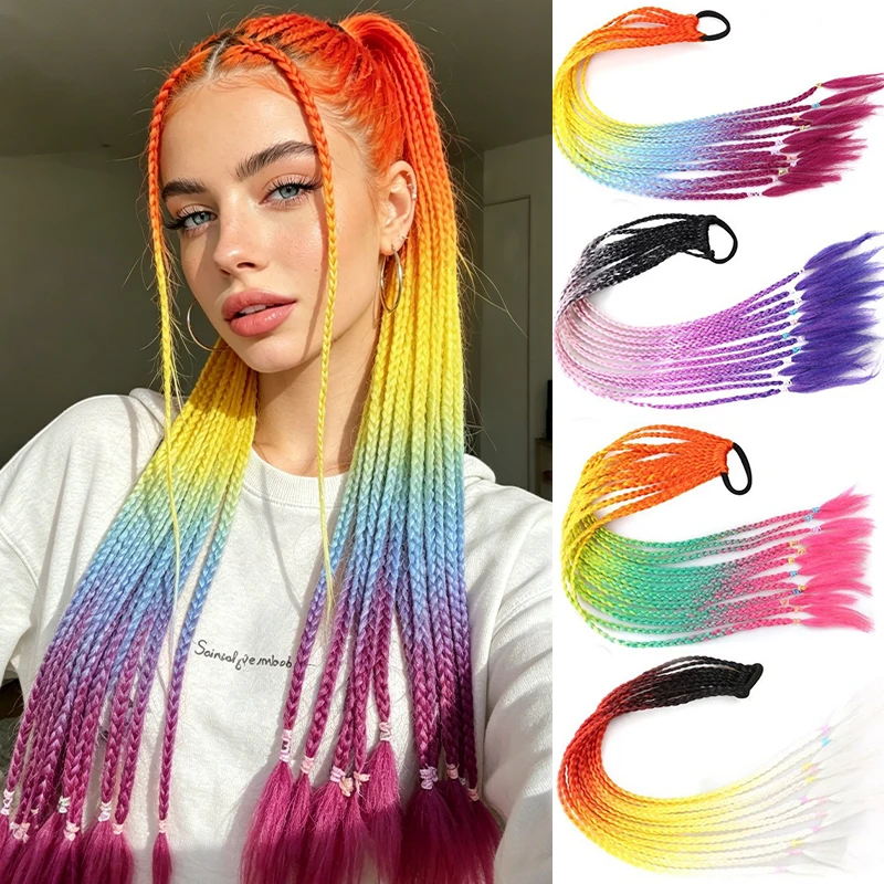 Extension per capelli a coda di cavallo intrecciata Rainbow Ombre per donna, 12 trecce sintetiche colorate con elastici per capelli