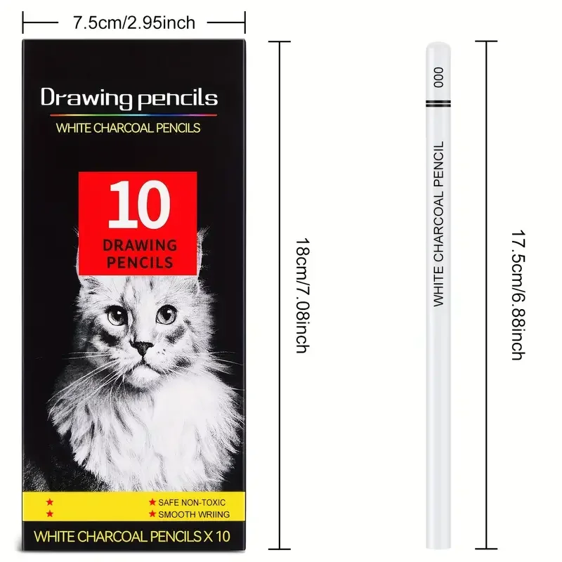 White Charcoal Pencils for Drawing, Professional 10 Pieces White Colored Pencils for Sketching, Shading, Blending, White 4