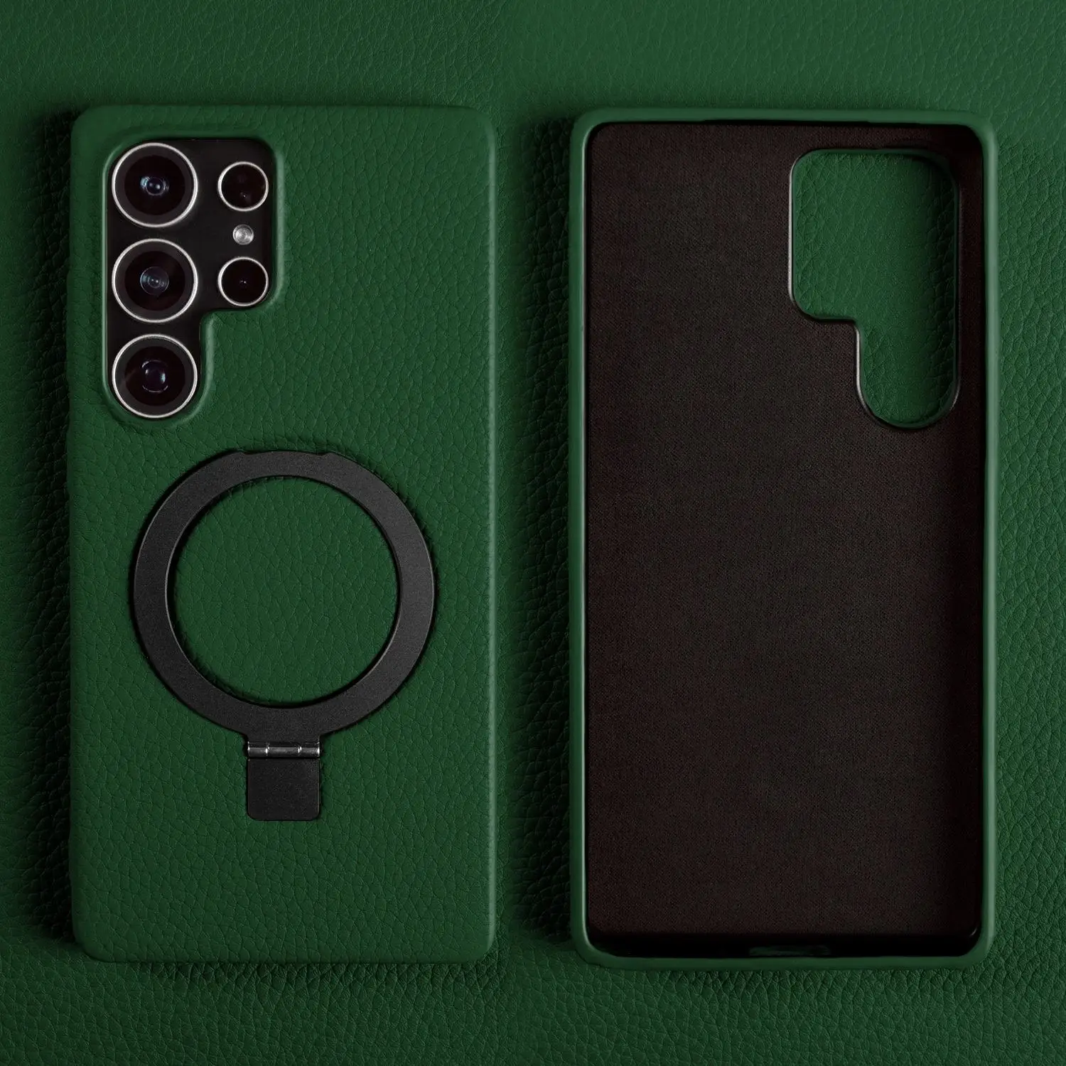 Genuine Leather Magnetic Ring Stand Phone Case with Back Cover