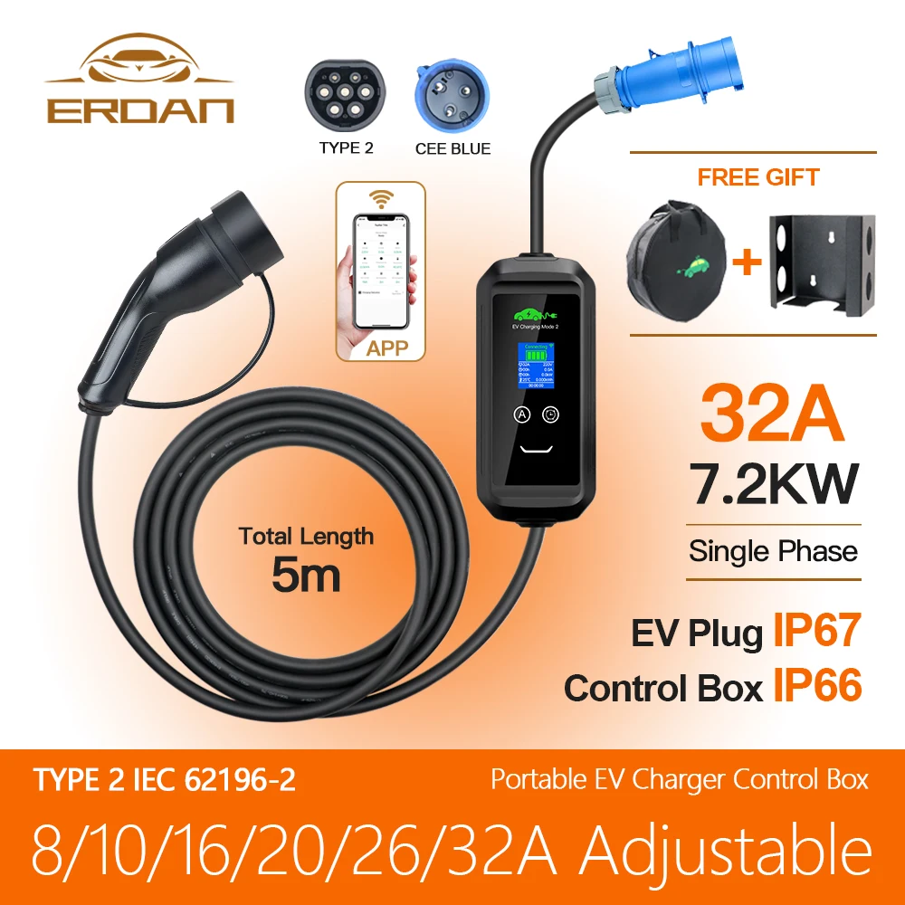 Erdan 11Kw Caricatore Portatile Ev Wallbox Type2 Cavo 32A 7Kw Evse Wi-Fi App Controllo Corrente Regolabile Ricarica Per Auto Elettrica