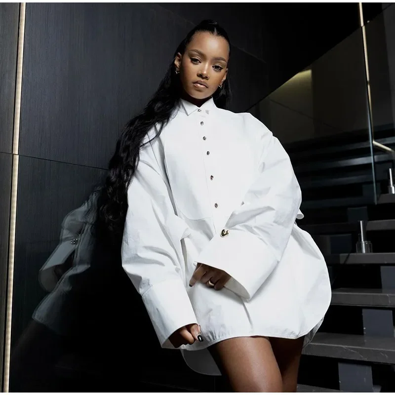 Casual Women's Loose Shirts White Raglan Sleeve Lapel Single Breasted Blouses 2025 Spring Office Lady Fashion Y2K Street Tops