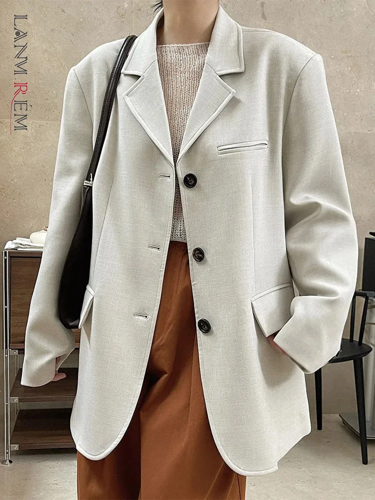 

[LANMREM] Solid Loose Blazer For Women Notched Single Breasted Long Sleeve Office Lady Jackets Fashion 2024 Spring New 26D942