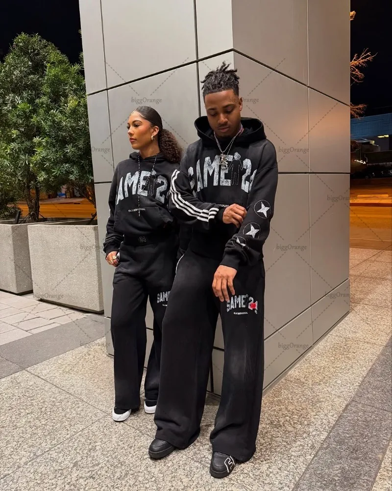 New American Couple Clothing Retro Harajuku Y2K Casual Oversized Hoodie Fashionable Versatile Straight Wide Foot Casual Pants 2
