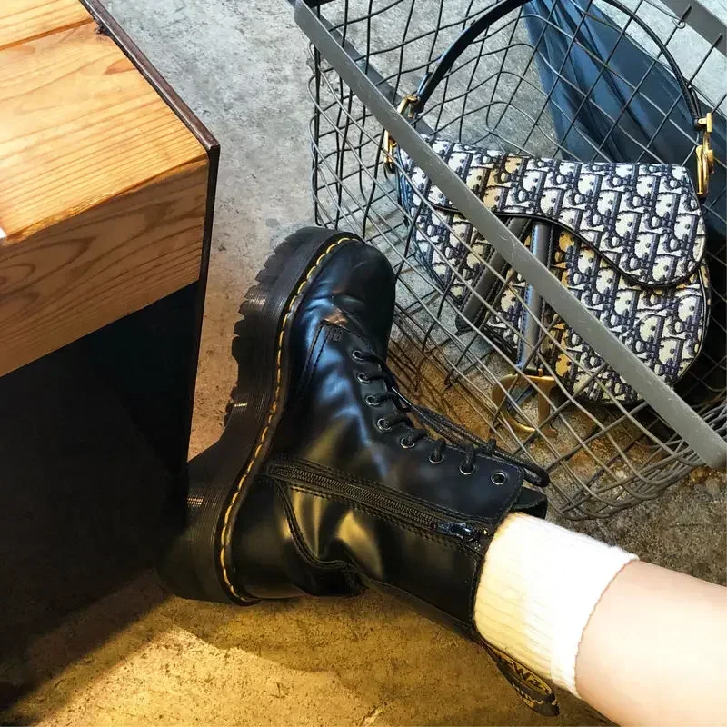 오토바이 여성용 청키 플랫폼 앵클 부츠, 부드러운 가죽 신발, 웨지, 레이스업 플랫폼, Mujer 2024, 겨울