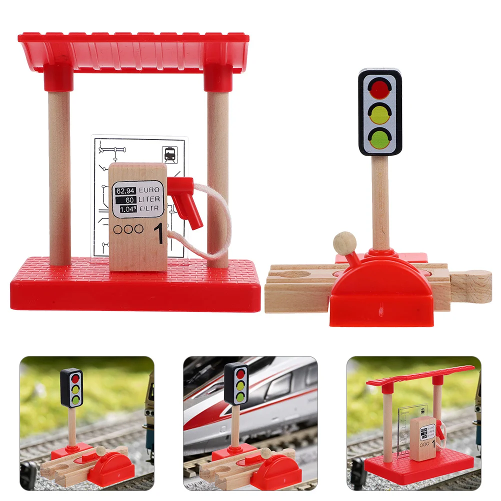 Train Track Accessories DIY Road Block Plaything Kit Toy Prop Gas Station Assembly Sand Table Ornament Plastic Wood Decor Child