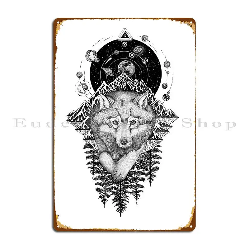 Cosmos Wolf Space Art Metal Sign Funny Kitchen Garage Bar Tin Sign Poster