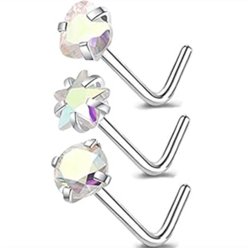 Zestaw 3 szt. kolczyków do nosa ze stali nierdzewnej w kształcie kwiatka, kolczyki do nosa w kształcie litery L, różowe kolczyki do nosa, indyjska biżuteria do nosa, kolczyki do nosa luzem, Nariz Lote