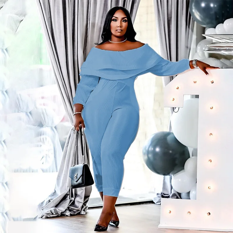 Plus Size Women Jumpsuits Off Shoulder Ribbed One Piece Outfit Female Fashion Elegant Jumpsuit Lady Club Pencil Pants Wholesale