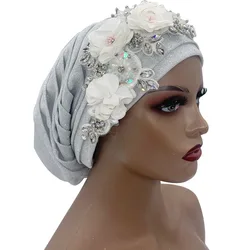 Nigeria Headpiece Lady Party Hat 2023 NEW Shiny Pleated Turban Cap with Diamond Bouquet African Headtie Women's Head Wrap