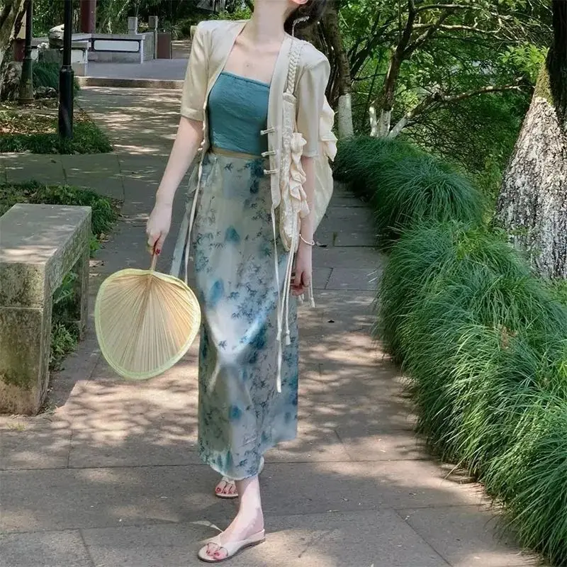 

Chinese Traditional Hanfu Improved Suit Summer Women's Retro Sunscreen Cardigan + Tube Top Vest + Printed Skirt Three-piece Set