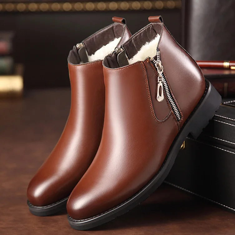 Genuine Leather Chelsea Boots Men Winter Shoes Plush Warm Shoes Zipper Cowhide Leather Booties Mens Ankle Boots Black KA440