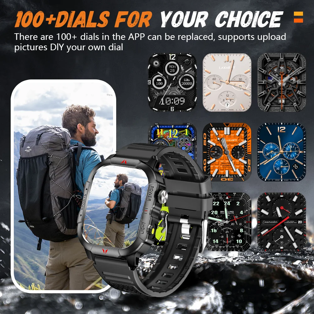 LAXASFIT 2025 New Men Smart Watch LED Flashlight BT Call 100+ Sports Modes Health Monitoring IP68 Waterproof Outdoor Smart Watch 4