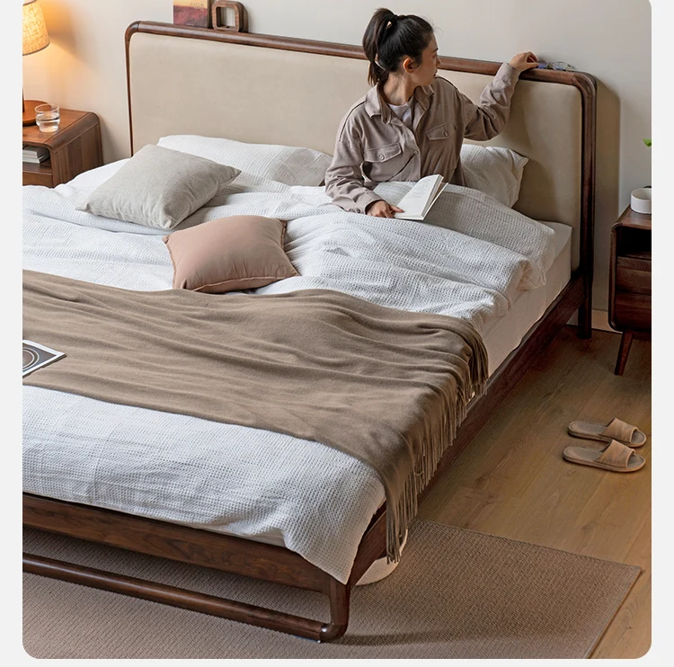 

Custom North American black walnut solid wood bed Nordic modern simple suspended soft bedroom log furniture Double bed custom