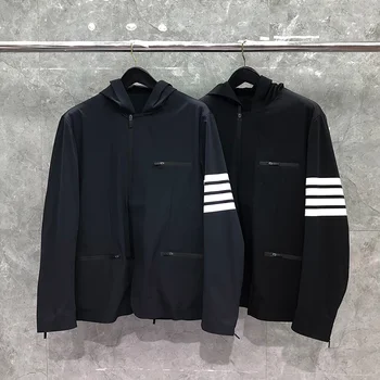 TB-Abrigo con capucha a rayas para hombre, chaqueta fina a prueba de viento, diseño coreano con cremallera, impermeable, para correr, primavera y otoño 1