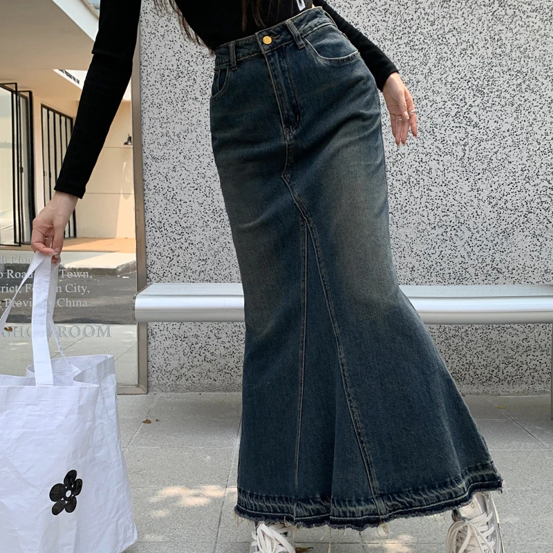 2023 New Design Sense Hairy Edge Spice Girl Fishtail Skirt Elastic Denim Mid-Length Skirt High-Waisted Women A-Line Skirt Y2k