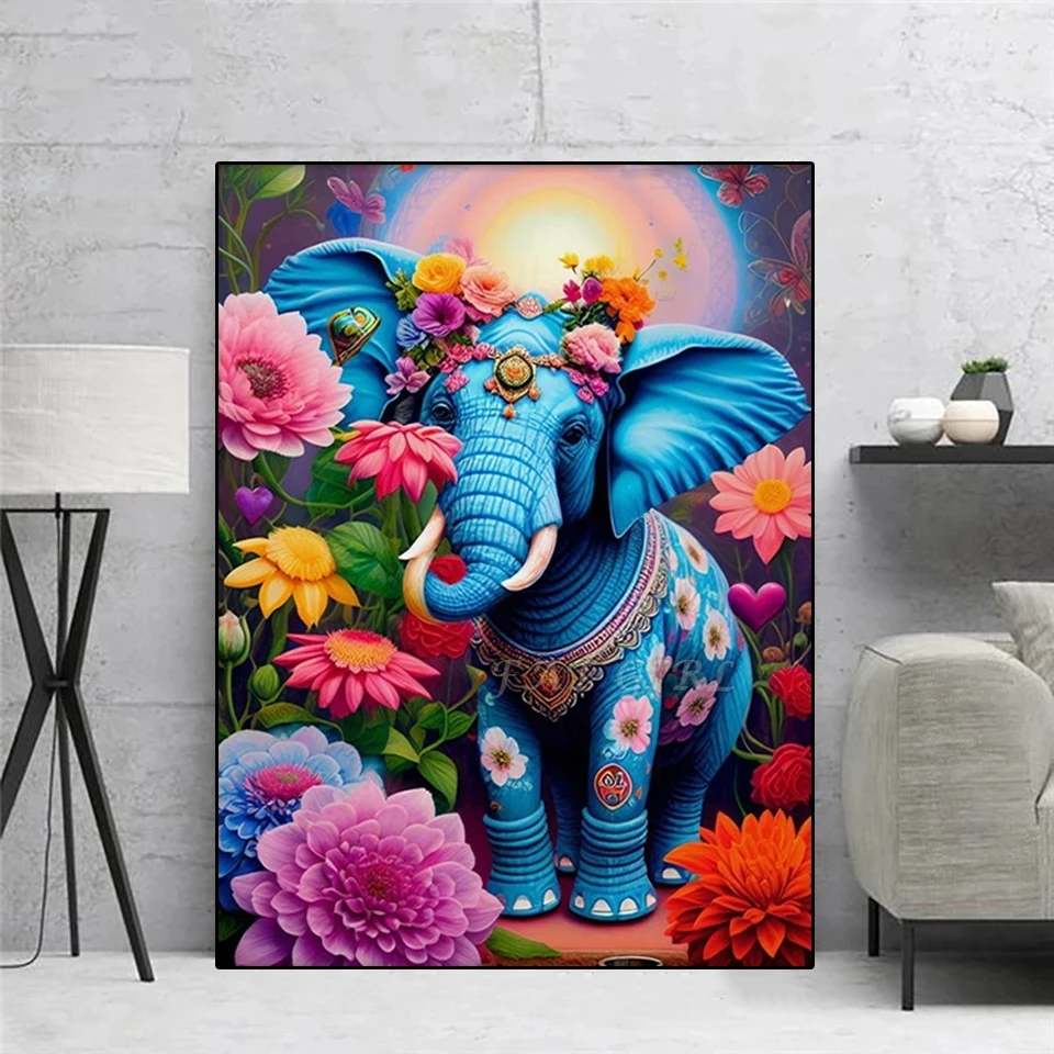 Full Embroidery Diamond Painting 5D DIY Mosaic Colorful Blue Elephant Flower Cross Stitch Kit Creative Hobbies Rhinestone V280 images - 6