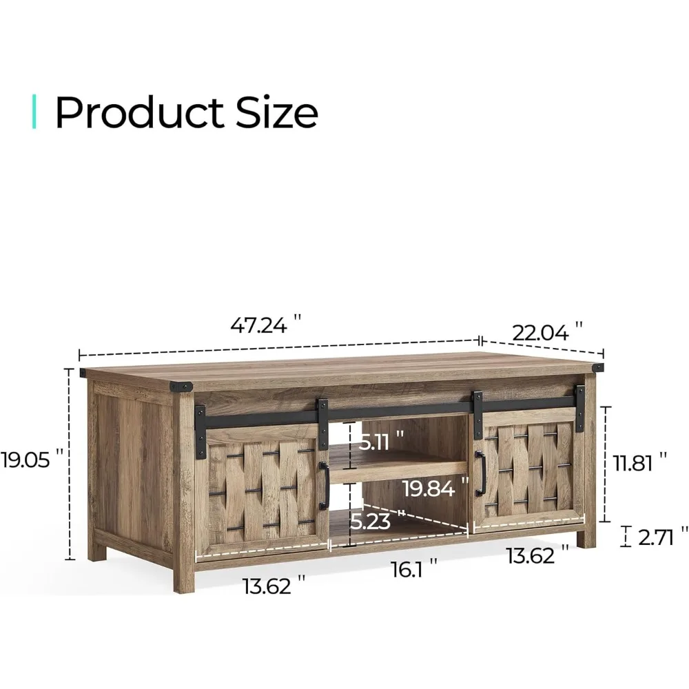 47" Coffee Table Storage Sliding Barn Doors Farmhouse Industrial Cocktail Table Adjustable Shelves Rect