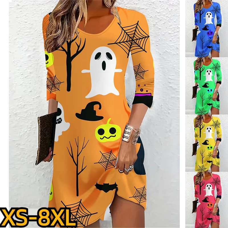

Winter Retro Slim Skirt Halloween Long Sleeve Skirt Autumn Women's Round Neck Knee Length Skirt New Design Print MIDI Skirt