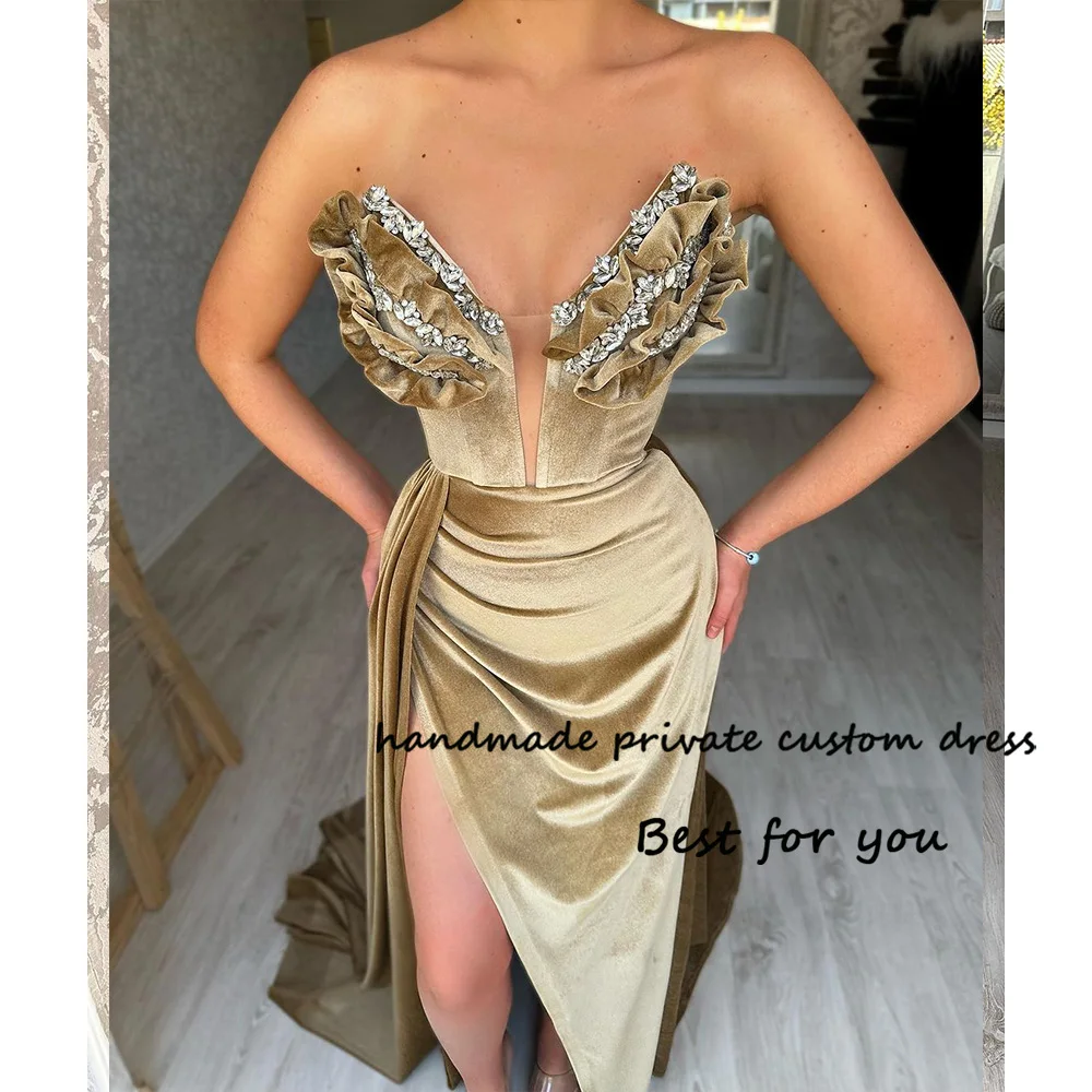 

Khaki Velvet Mermaid Prom Dresses with Slit Beadeds Sweetheart Evening Party Dress for Women Formal Occasion Gowns Lace Up Back