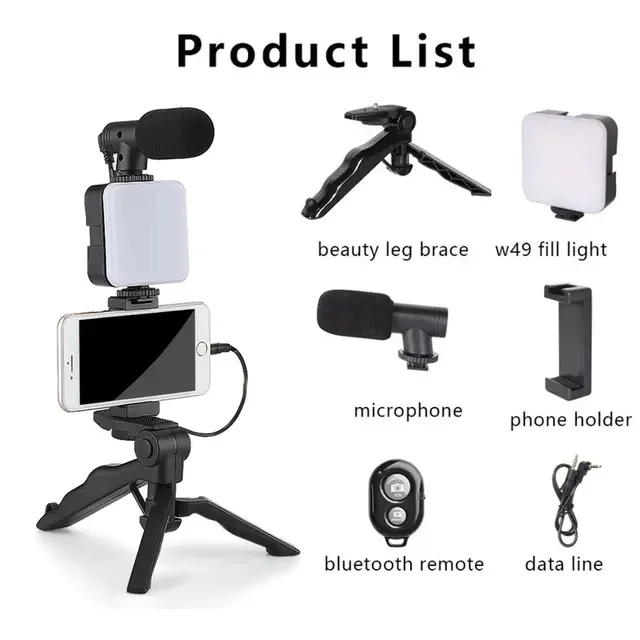 Smartphone Vlogging Kit With Tripod Phone Holder Mini Microphone LED Fill Light for Live Stream Video YouTube