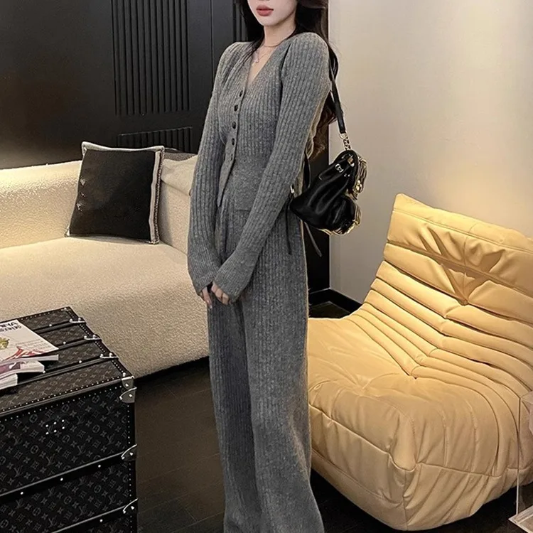 Korean Style Women's Knitted Cardigan Top+pants Set 2024 Spring New V-neck Cardigan+loose Wide Leg Pants Two-piece Set Y2k