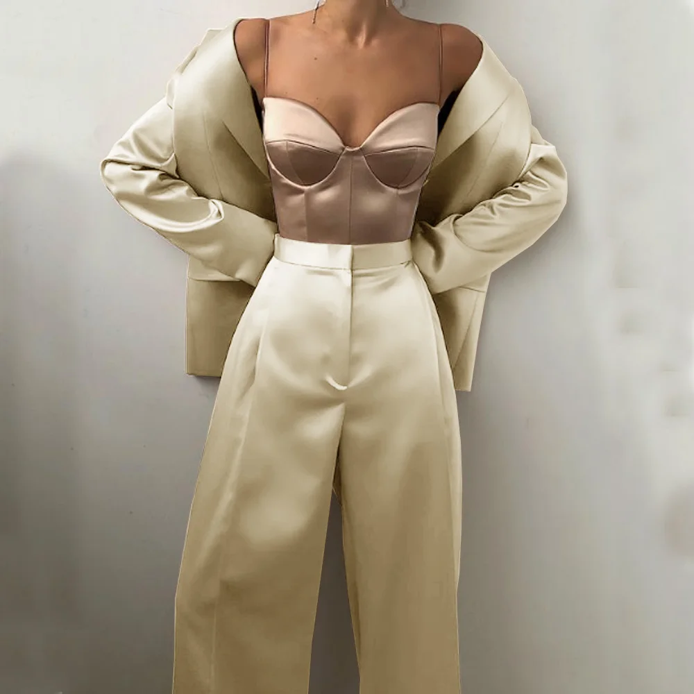 Women's Full Suit Street Fashion Style Elegant Ladies Casual Simple Satin Two Piece Suit (jacket + Pants) Single Breasted