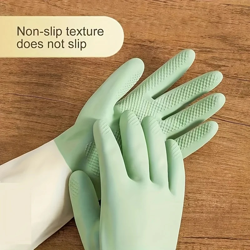 Thick Waterproof Latex Kitchen Gloves - Beige and Mint Green, Non-Slip Grip for Dishwashing Cleaning Household Items Materials