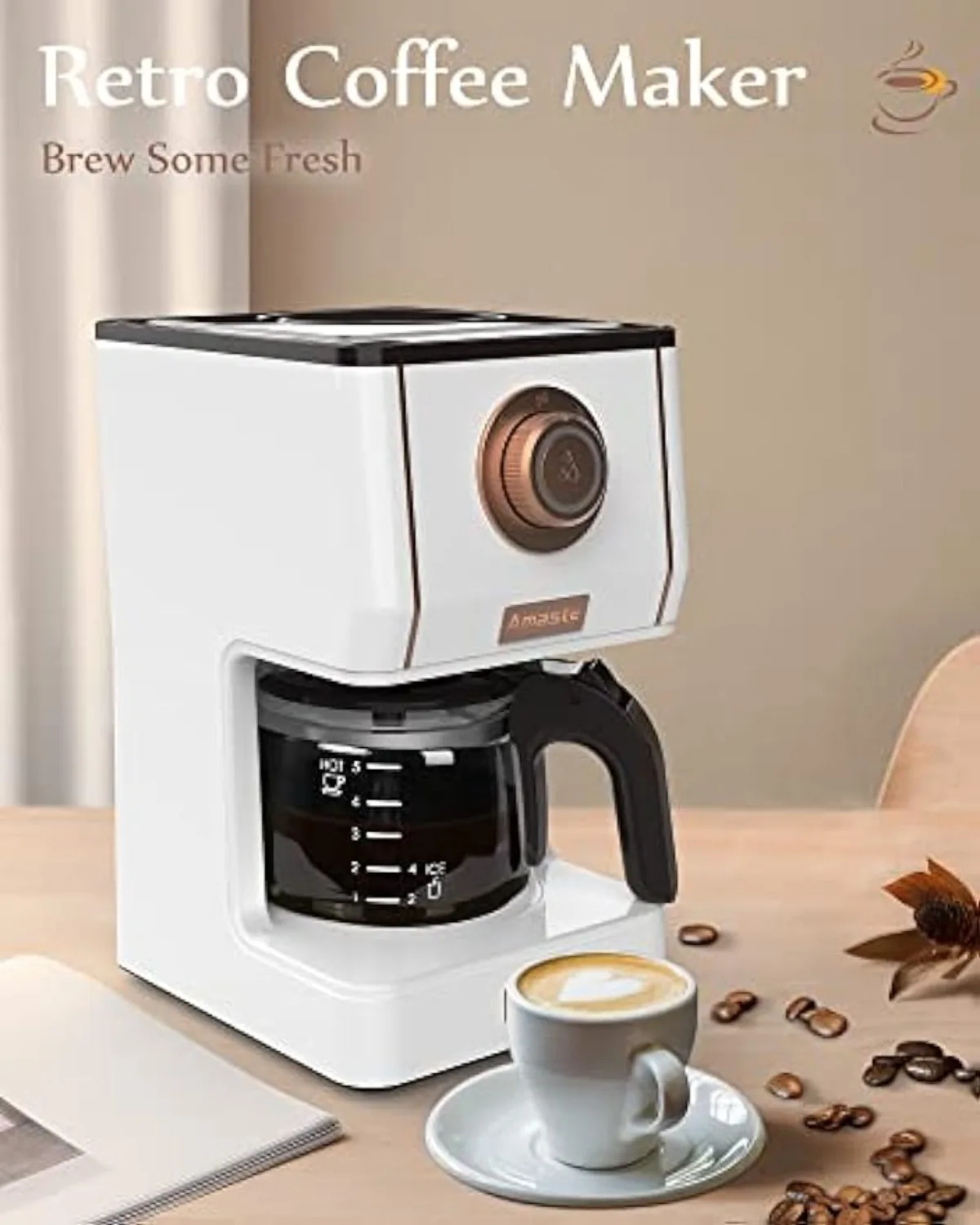 Retro Style Coffee Machine with 25 Oz Glass Coffee Pot,  30minute-warm-keeping, Elegant White with Rose Gold | USA | NEW